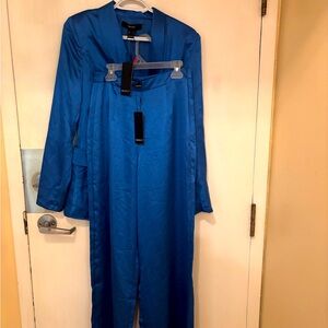 Blue Satin women’s suit 2 pieces, blazer and high waisted palazzo pants, size 4